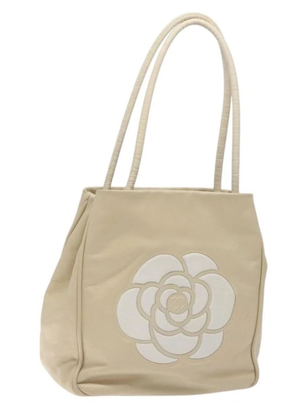 CHANEL Camelia Shoulder Bag Leather Ivory CC Auth 127482